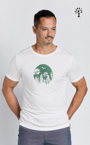 Herren T-Shirt aus Tencel, weiß mit aufdruck wood fashion, holzstoff