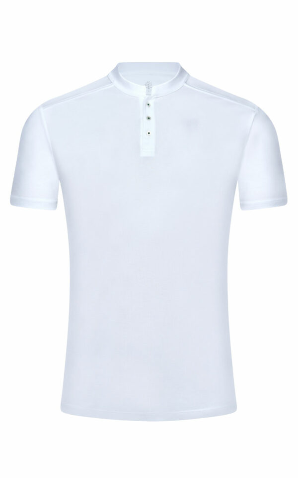 Herren Polo in weiss mit dunkelblauen Aufdruck am Ruecken aus tencel von wood fashion