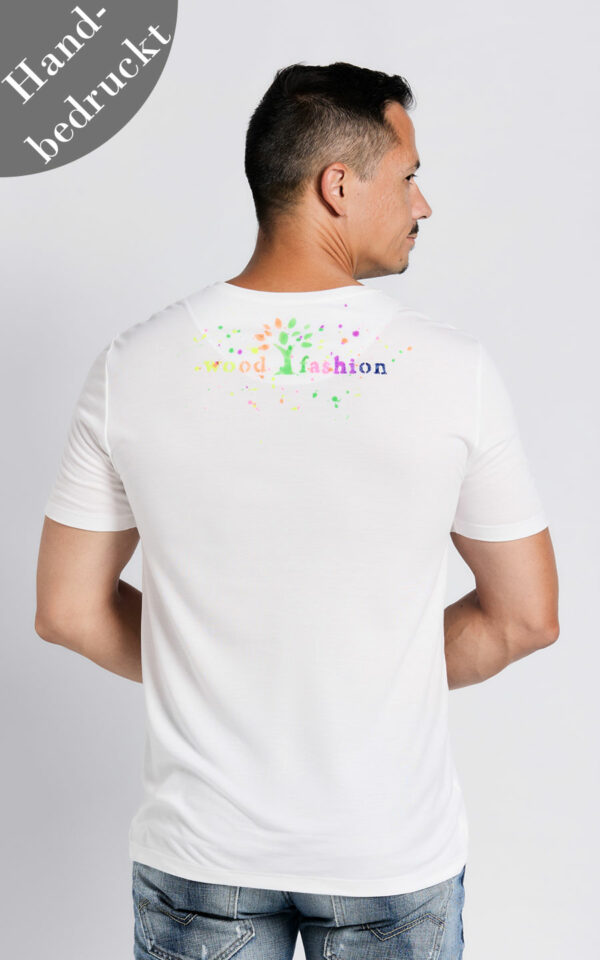 Herren T-Shirt mit Neon Druck am Rücken. Handbedruckt.